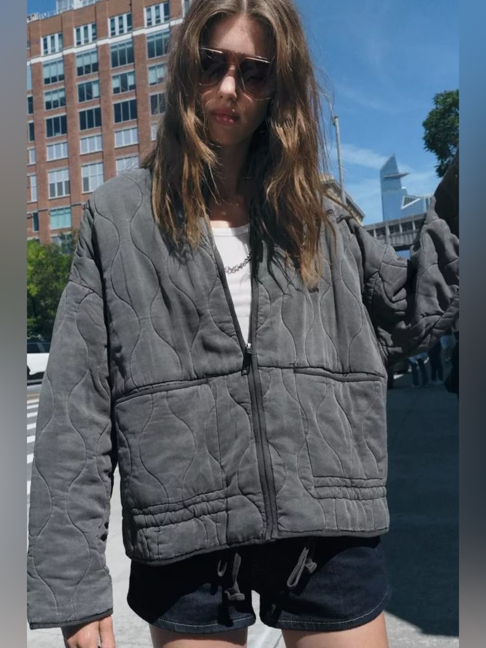 Zara Quilted Bomber Jacket - Gray